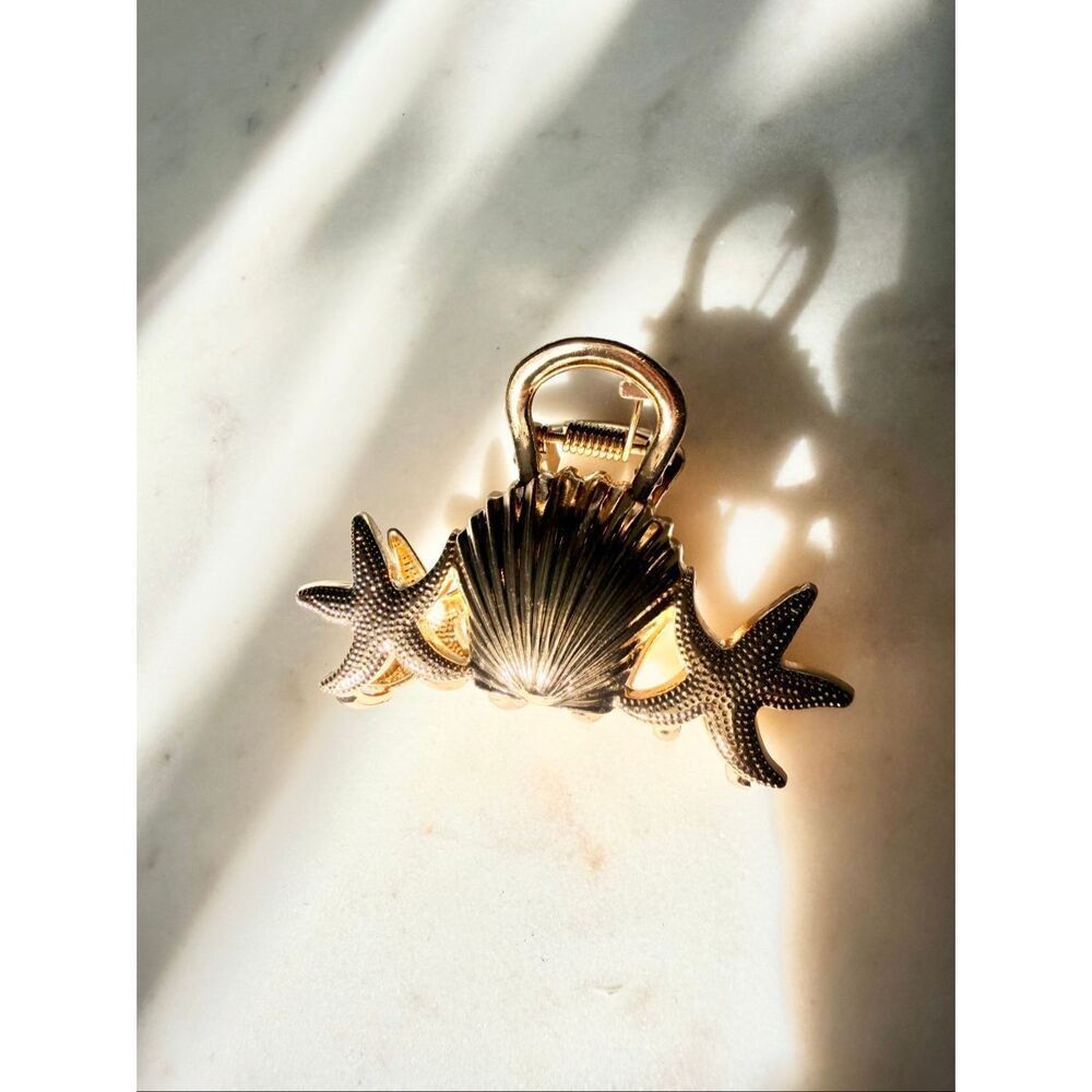 Gold Seashell & Starfish Hair Claw Clip Coastal Beach Mermaidcore Hair Accessory